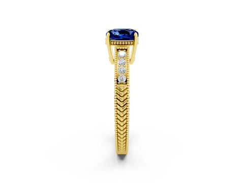 Yellow gold Cushion Cut Blue Sapphire Engagement Ring with Milgrain Channel Set Band and Prong Setting_2