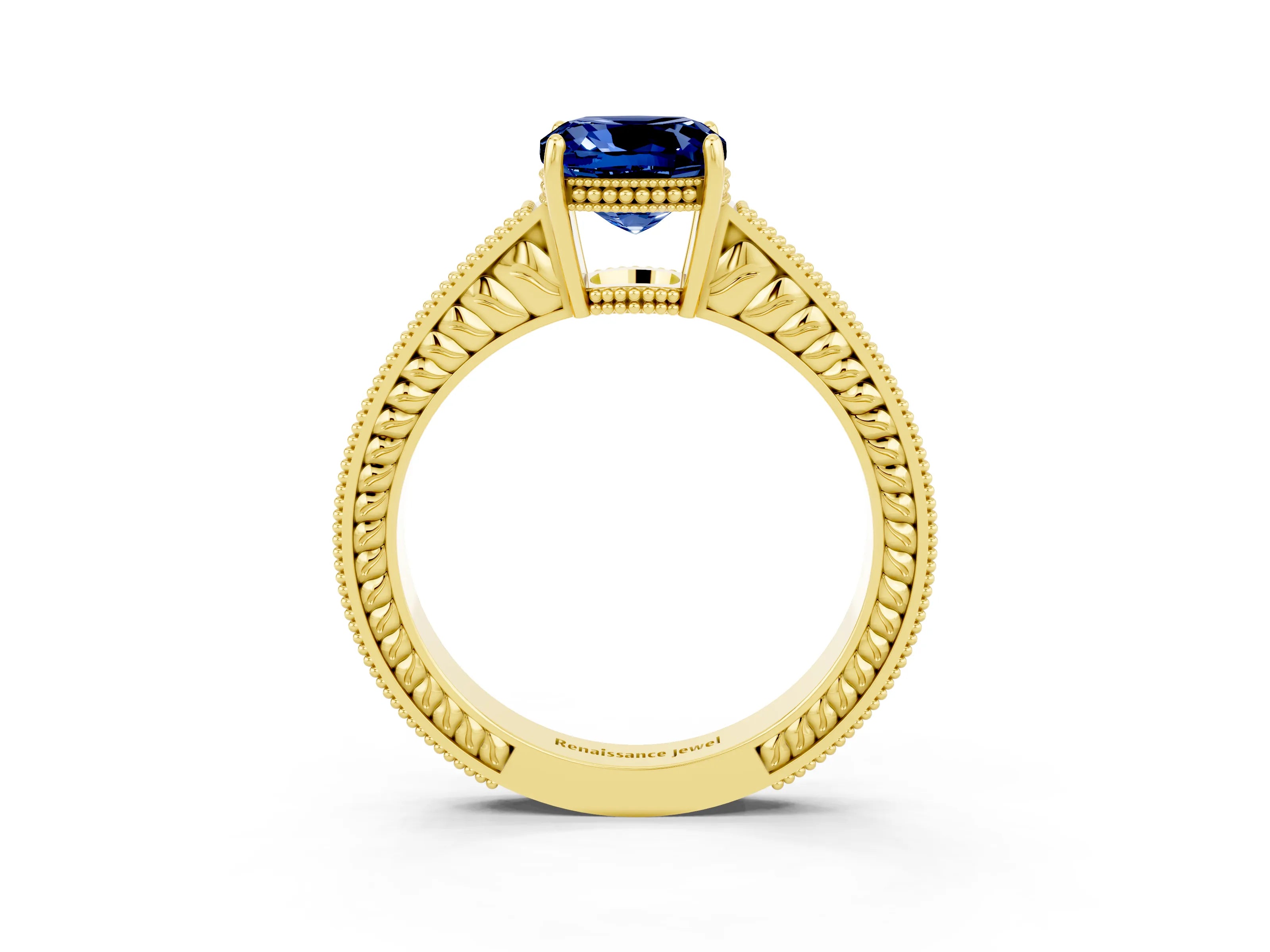 Yellow gold Cushion Cut Blue Sapphire Engagement Ring with Milgrain Channel Set Band and Prong Setting_3
