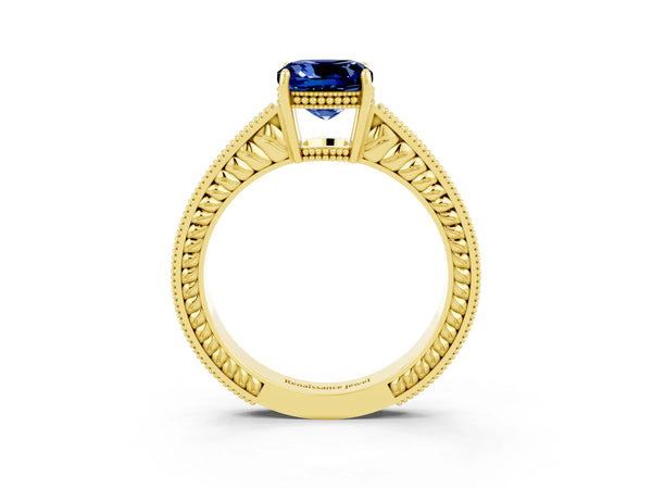 Yellow gold Cushion Cut Blue Sapphire Engagement Ring with Milgrain Channel Set Band and Prong Setting