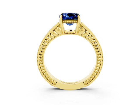Yellow gold Cushion Cut Blue Sapphire Engagement Ring with Milgrain Channel Set Band and Prong Setting_3