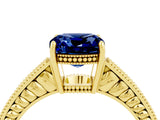 Yellow gold Cushion Cut Blue Sapphire Engagement Ring with Milgrain Channel Set Band and Prong Setting_4