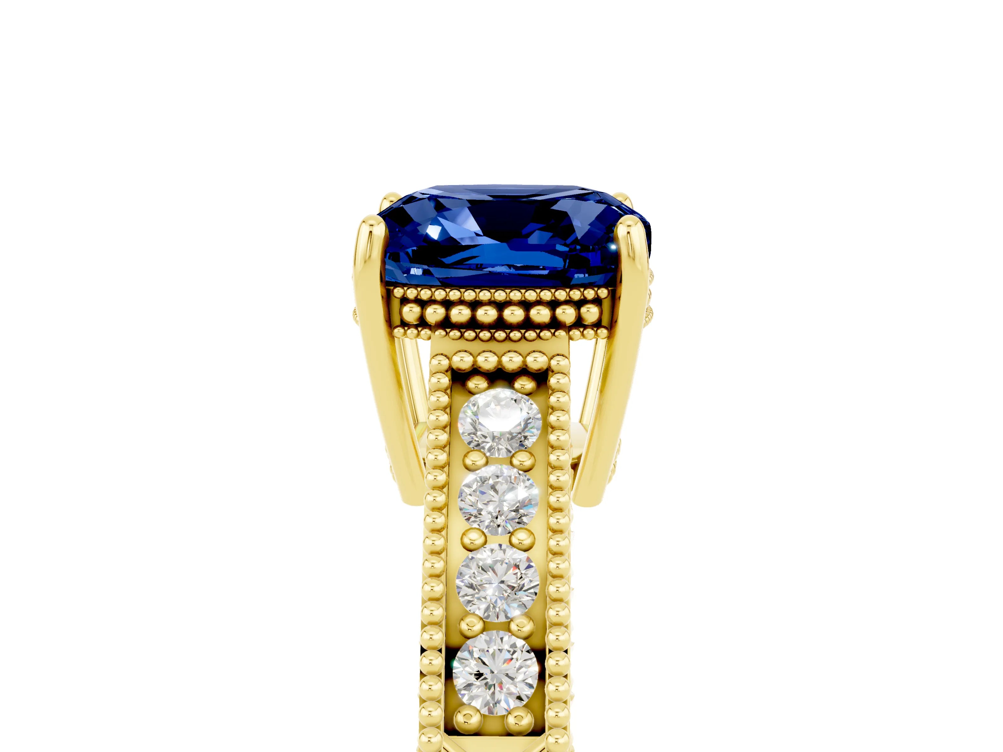 Yellow gold Cushion Cut Blue Sapphire Engagement Ring with Milgrain Channel Set Band and Prong Setting_5