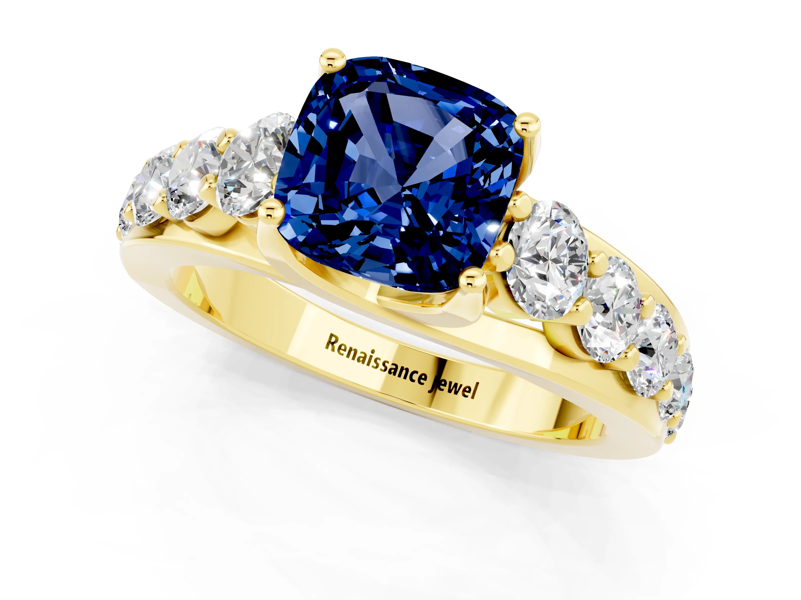 Yellow gold Cushion Cut Blue Sapphire Engagement Ring with Pavé Band and Four-Prong Setting_1