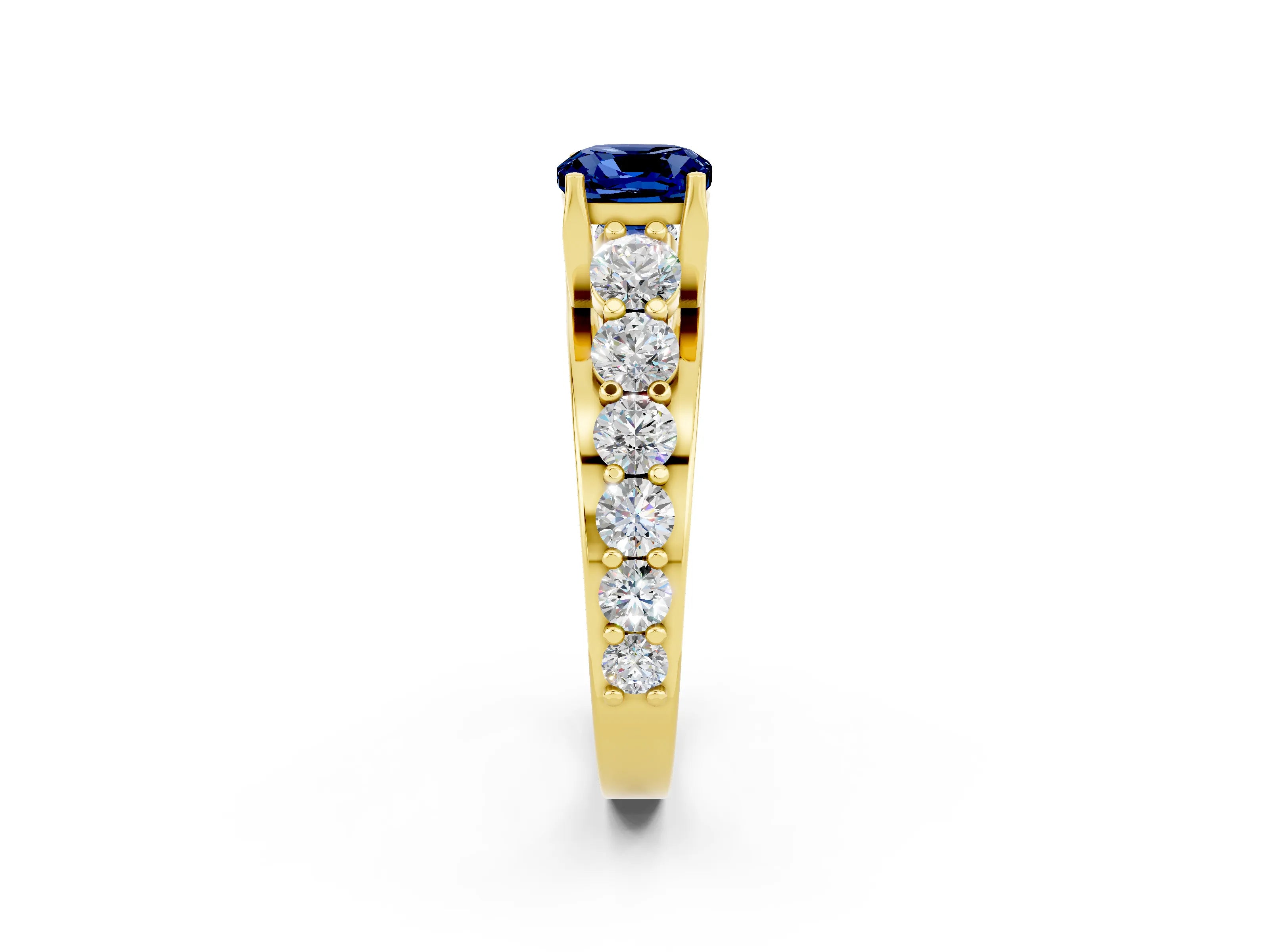 Yellow gold Cushion Cut Blue Sapphire Engagement Ring with Pavé Band and Four-Prong Setting_2