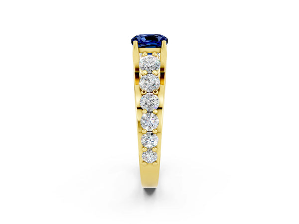 Yellow gold Cushion Cut Blue Sapphire Engagement Ring with Pavé Band and Four-Prong Setting