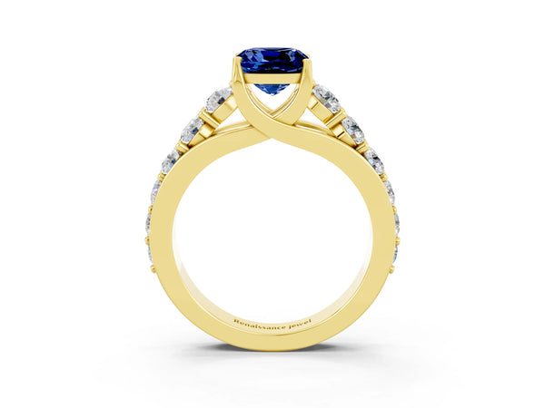Yellow gold Cushion Cut Blue Sapphire Engagement Ring with Pavé Band and Four-Prong Setting