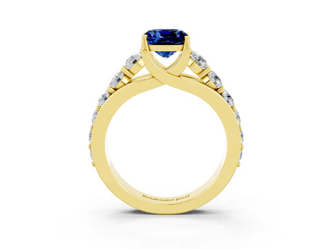 Yellow gold Cushion Cut Blue Sapphire Engagement Ring with Pavé Band and Four-Prong Setting_3