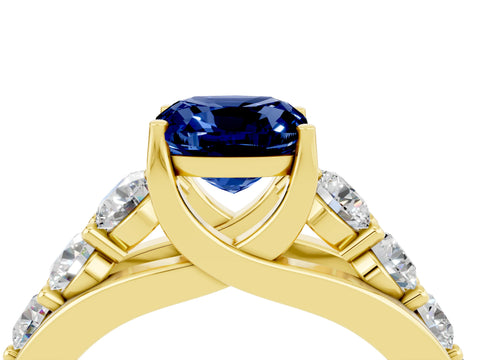 Yellow gold Cushion Cut Blue Sapphire Engagement Ring with Pavé Band and Four-Prong Setting_4