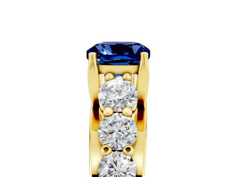 Yellow gold Cushion Cut Blue Sapphire Engagement Ring with Pavé Band and Four-Prong Setting_5