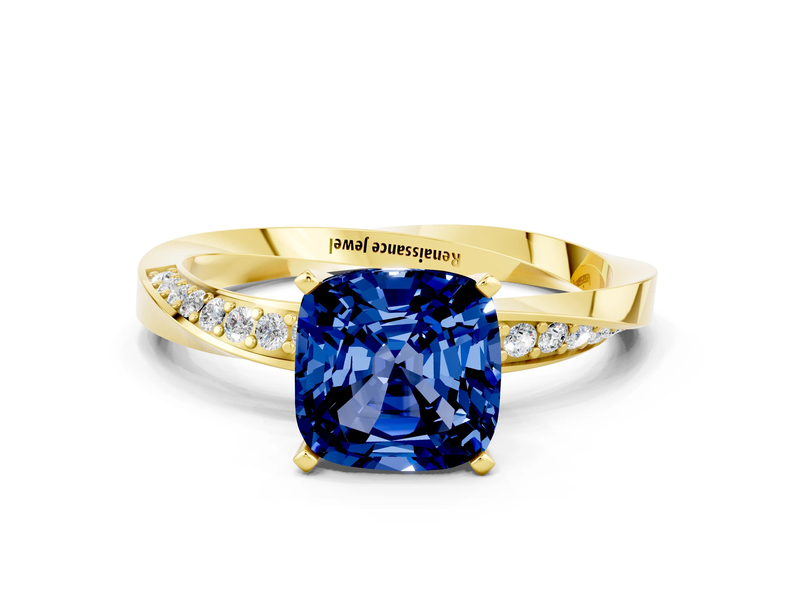 Yellow gold Cushion Cut Blue Sapphire Engagement Ring with Side Stone Accents and Four-Prong Setting_27