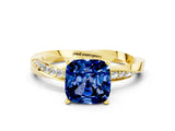 Yellow gold Cushion Cut Blue Sapphire Engagement Ring with Side Stone Accents and Four-Prong Setting_27