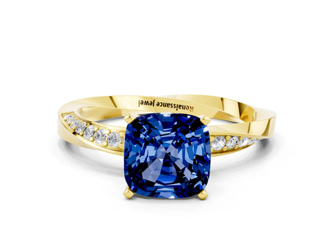 Yellow gold Cushion Cut Blue Sapphire Engagement Ring with Side Stone Accents and Four-Prong Setting_27