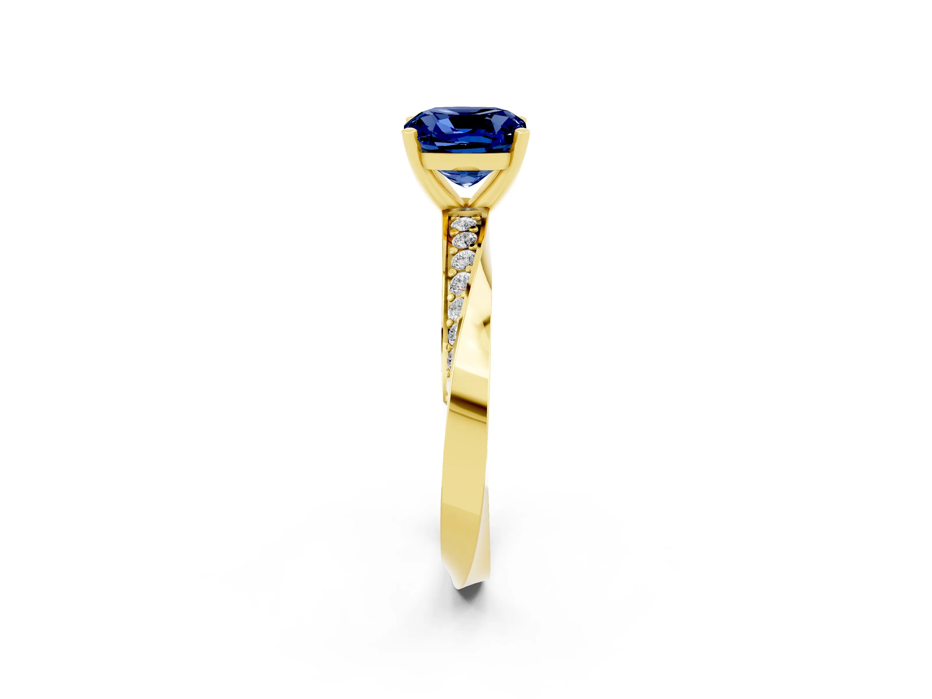 Yellow gold Cushion Cut Blue Sapphire Engagement Ring with Side Stone Accents and Four-Prong Setting_29