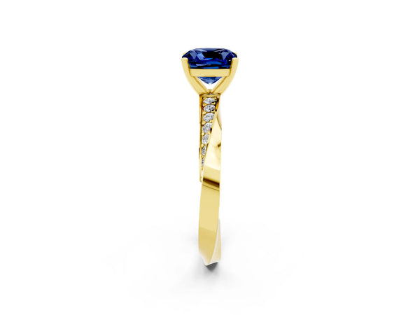 Yellow gold Cushion Cut Blue Sapphire Engagement Ring with Side Stone Accents and Four-Prong Setting