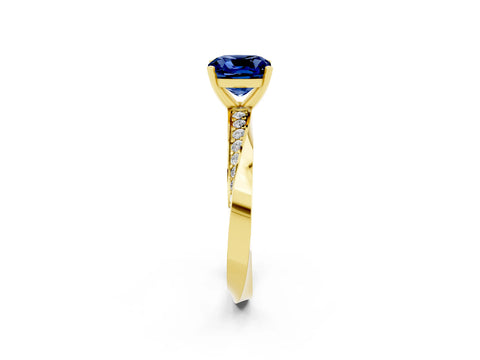 Yellow gold Cushion Cut Blue Sapphire Engagement Ring with Side Stone Accents and Four-Prong Setting_29