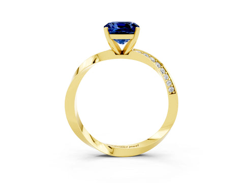 Yellow gold Cushion Cut Blue Sapphire Engagement Ring with Side Stone Accents and Four-Prong Setting_30