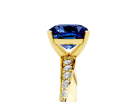 Yellow gold Cushion Cut Blue Sapphire Engagement Ring with Side Stone Accents and Four-Prong Setting_32