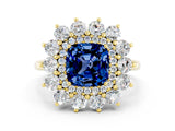 Yellow gold Cushion Cut Blue Sapphire Floral Double Halo Engagement Ring with Prong Setting_60