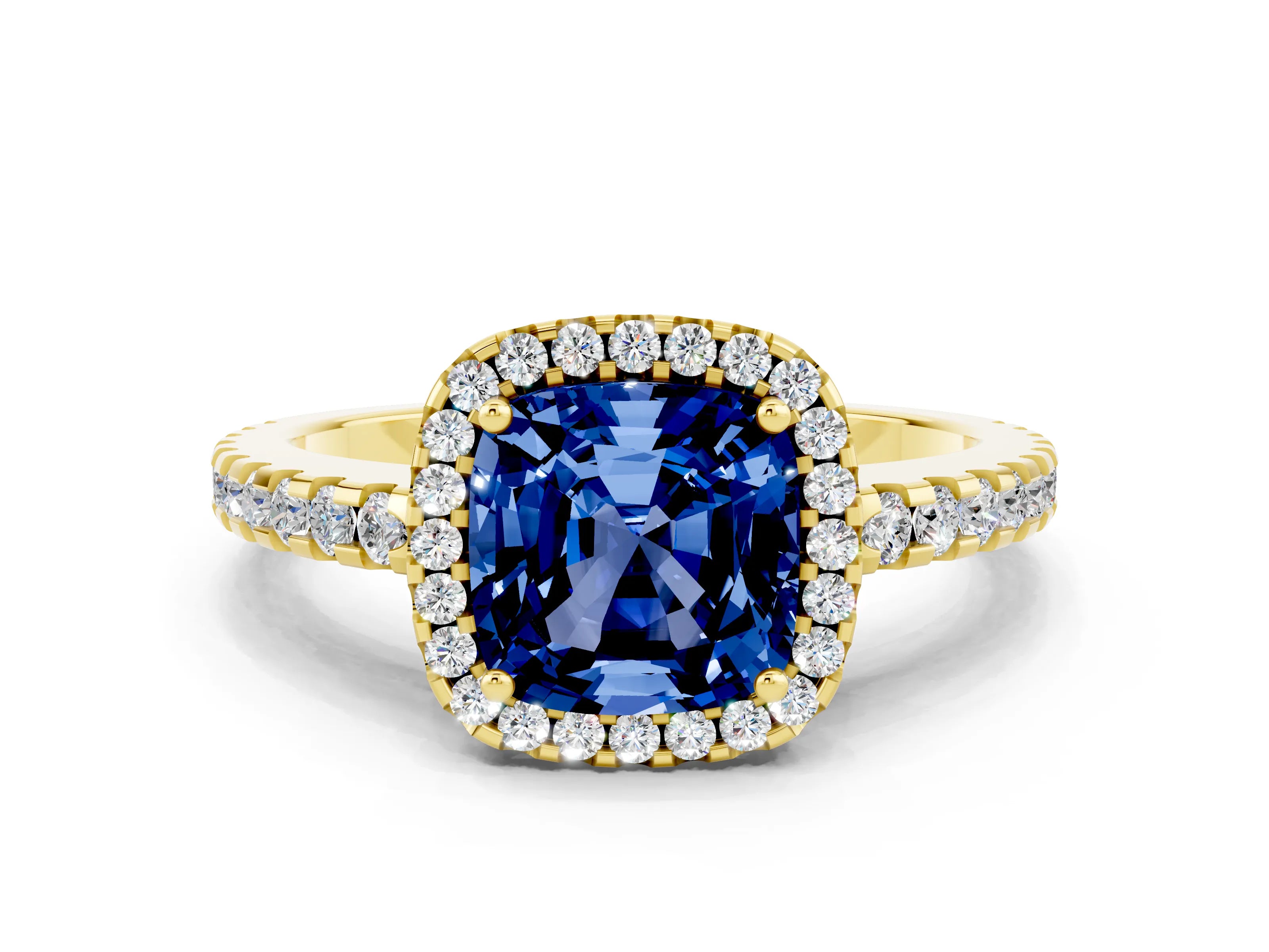 Yellow gold Cushion Cut Blue Sapphire Halo Engagement Ring with Pavé Band and Prong Setting_12