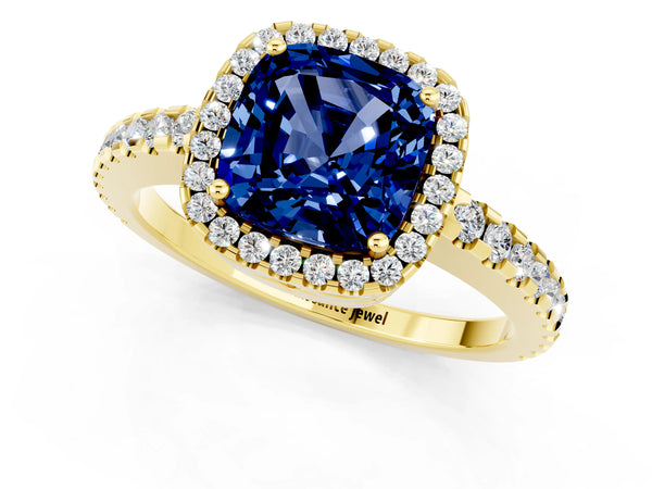 Yellow gold Cushion Cut Blue Sapphire Halo Engagement Ring with Pavé Band and Prong Setting