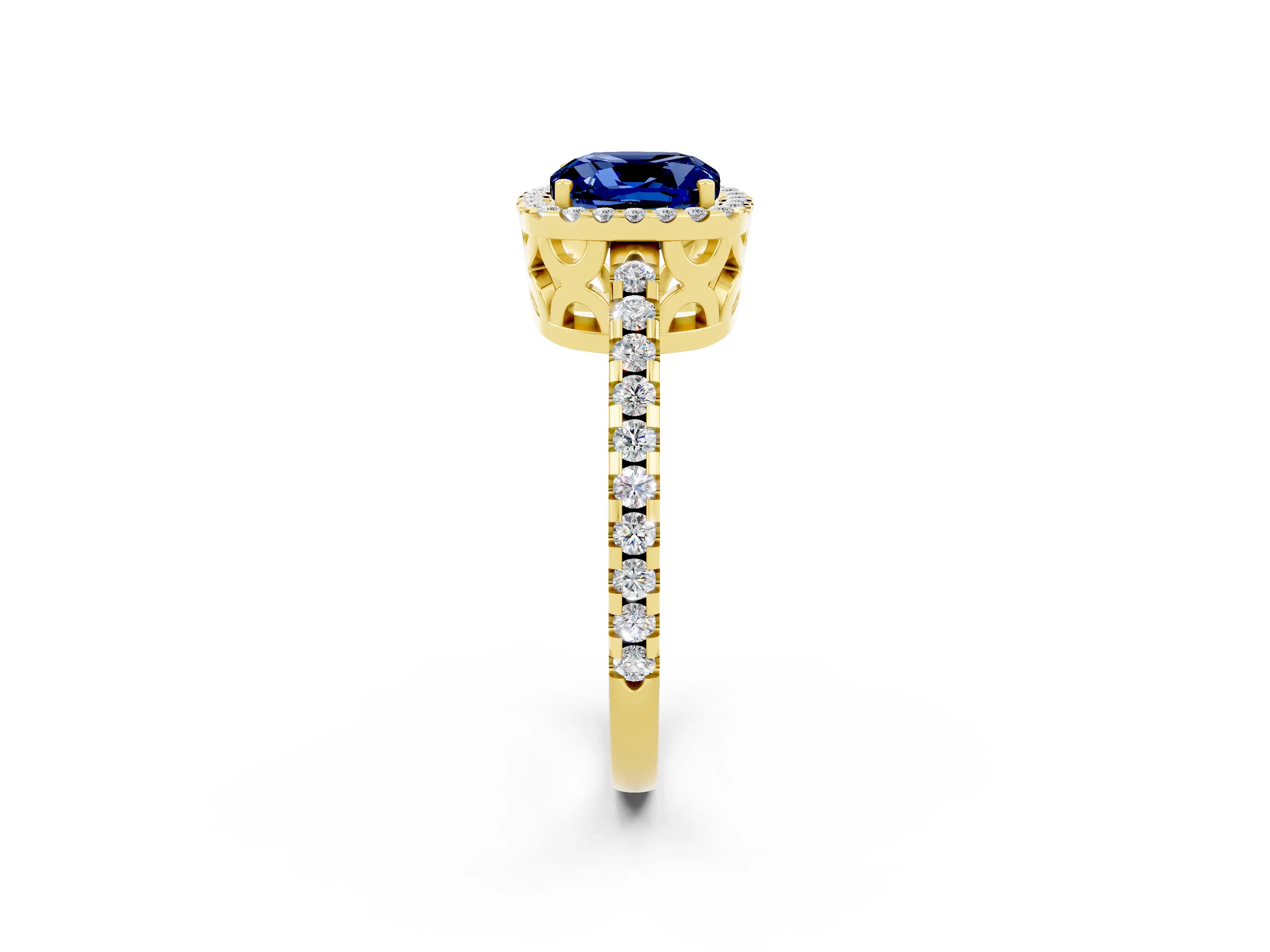 Yellow gold Cushion Cut Blue Sapphire Halo Engagement Ring with Pavé Band and Prong Setting_14