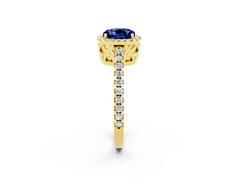 Yellow gold Cushion Cut Blue Sapphire Halo Engagement Ring with Pavé Band and Prong Setting_14