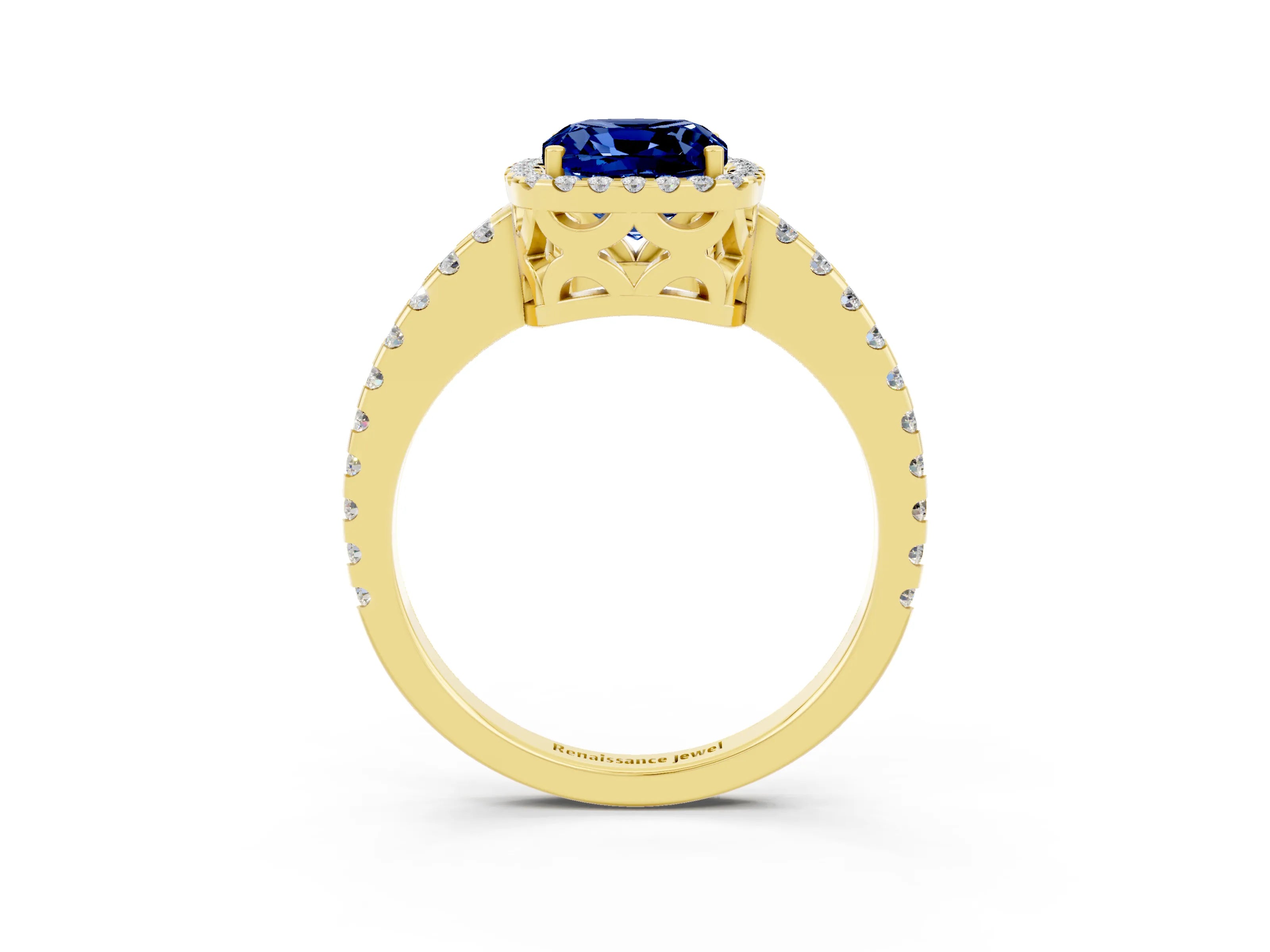Yellow gold Cushion Cut Blue Sapphire Halo Engagement Ring with Pavé Band and Prong Setting_15