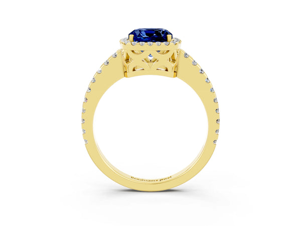 Yellow gold Cushion Cut Blue Sapphire Halo Engagement Ring with Pavé Band and Prong Setting