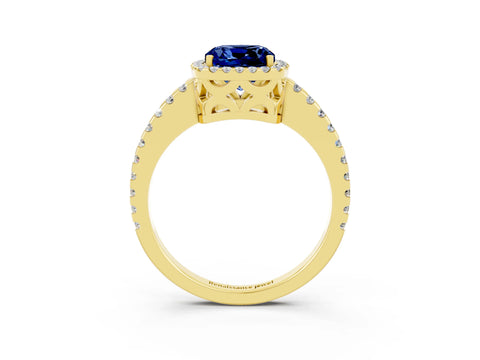 Yellow gold Cushion Cut Blue Sapphire Halo Engagement Ring with Pavé Band and Prong Setting_15