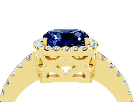 Yellow gold Cushion Cut Blue Sapphire Halo Engagement Ring with Pavé Band and Prong Setting_16