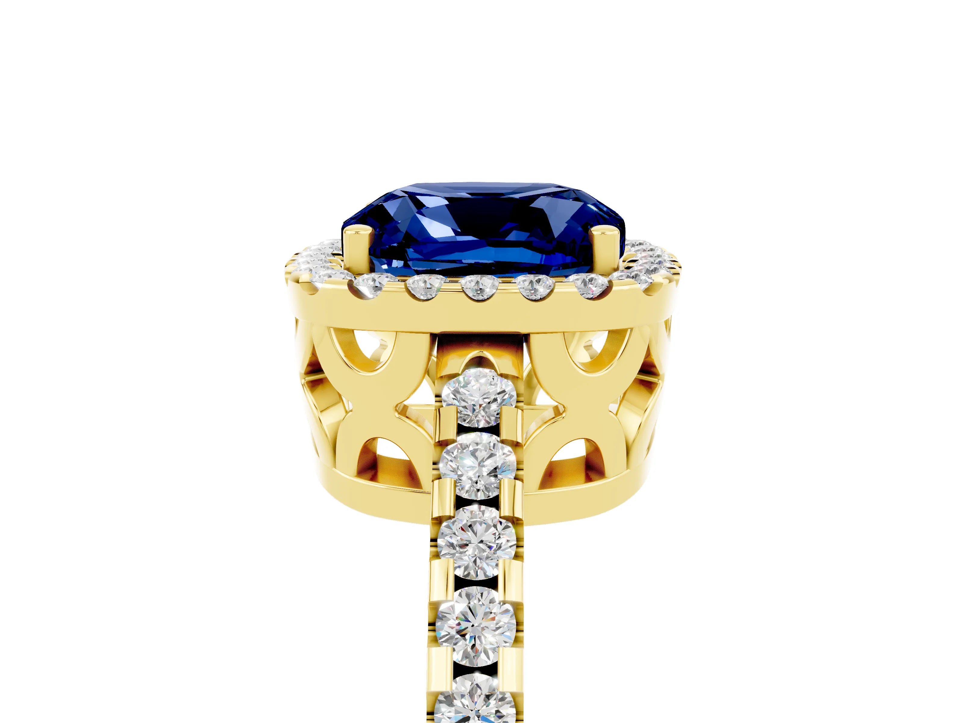 Yellow gold Cushion Cut Blue Sapphire Halo Engagement Ring with Pavé Band and Prong Setting_17