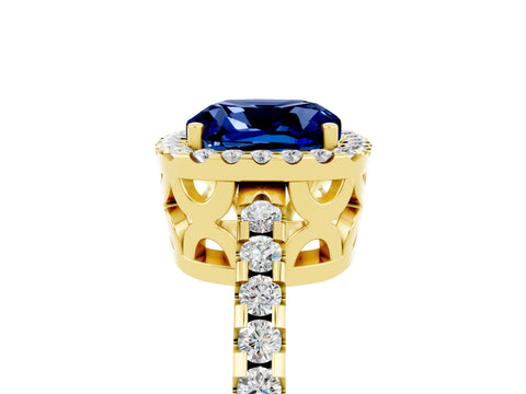 Yellow gold Cushion Cut Blue Sapphire Halo Engagement Ring with Pavé Band and Prong Setting_17