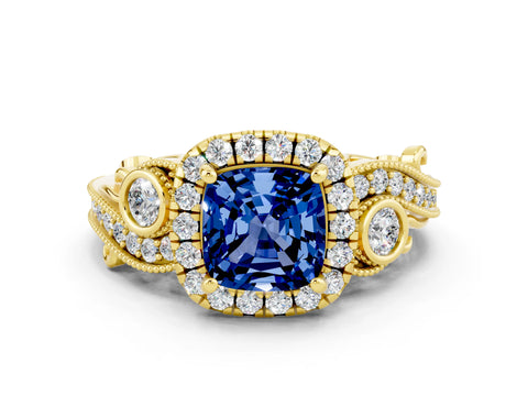 Yellow gold Cushion Cut Blue Sapphire Halo Ring with Milgrain Pavé Band and Four-Prong Setting_12