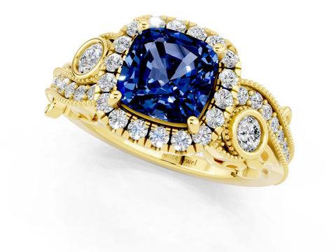 Yellow gold Cushion Cut Blue Sapphire Halo Ring with Milgrain Pavé Band and Four-Prong Setting_13