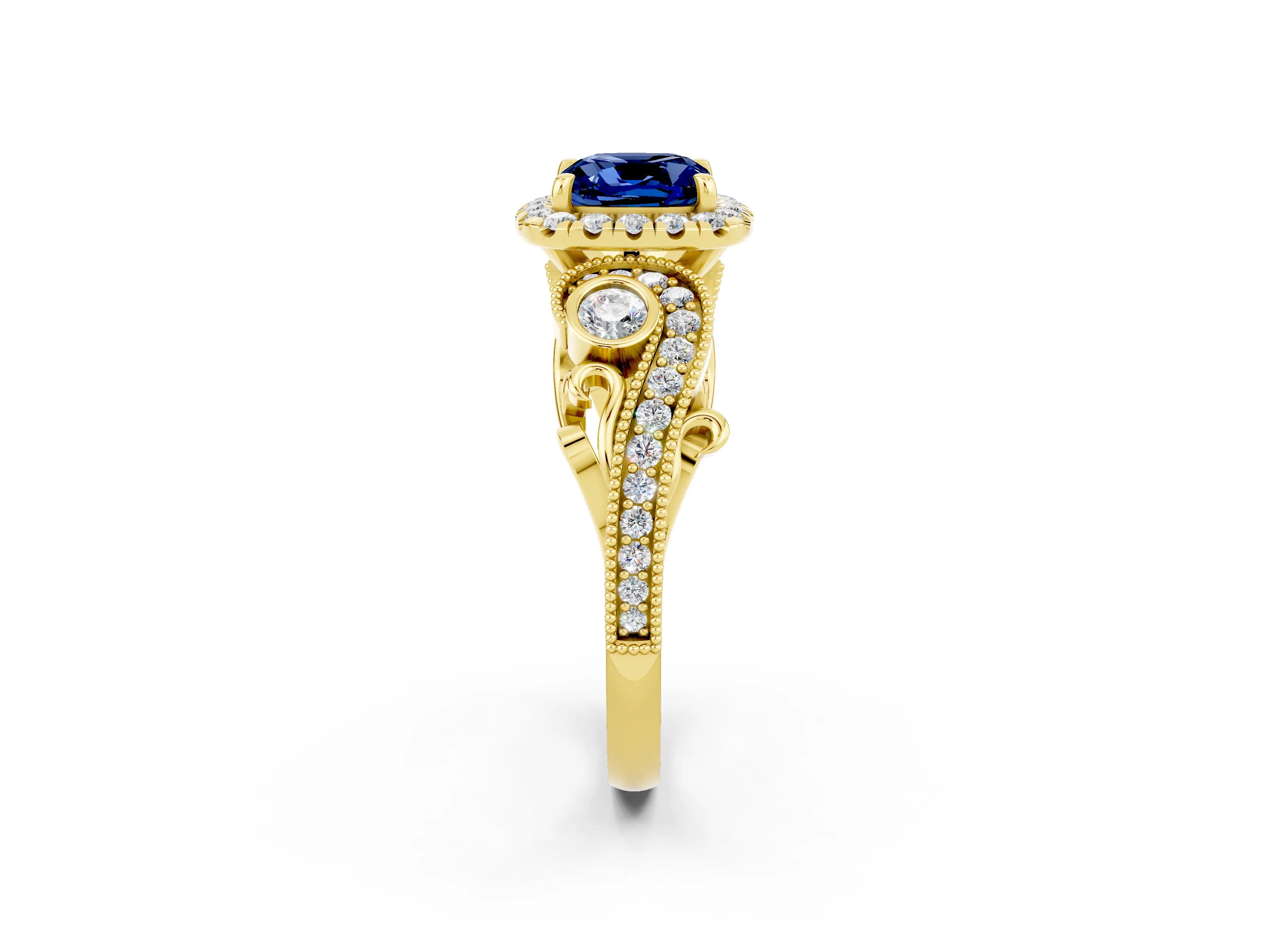 Yellow gold Cushion Cut Blue Sapphire Halo Ring with Milgrain Pavé Band and Four-Prong Setting_14