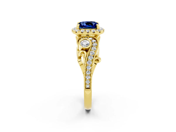 Yellow gold Cushion Cut Blue Sapphire Halo Ring with Milgrain Pavé Band and Four-Prong Setting