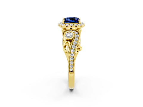 Yellow gold Cushion Cut Blue Sapphire Halo Ring with Milgrain Pavé Band and Four-Prong Setting_14