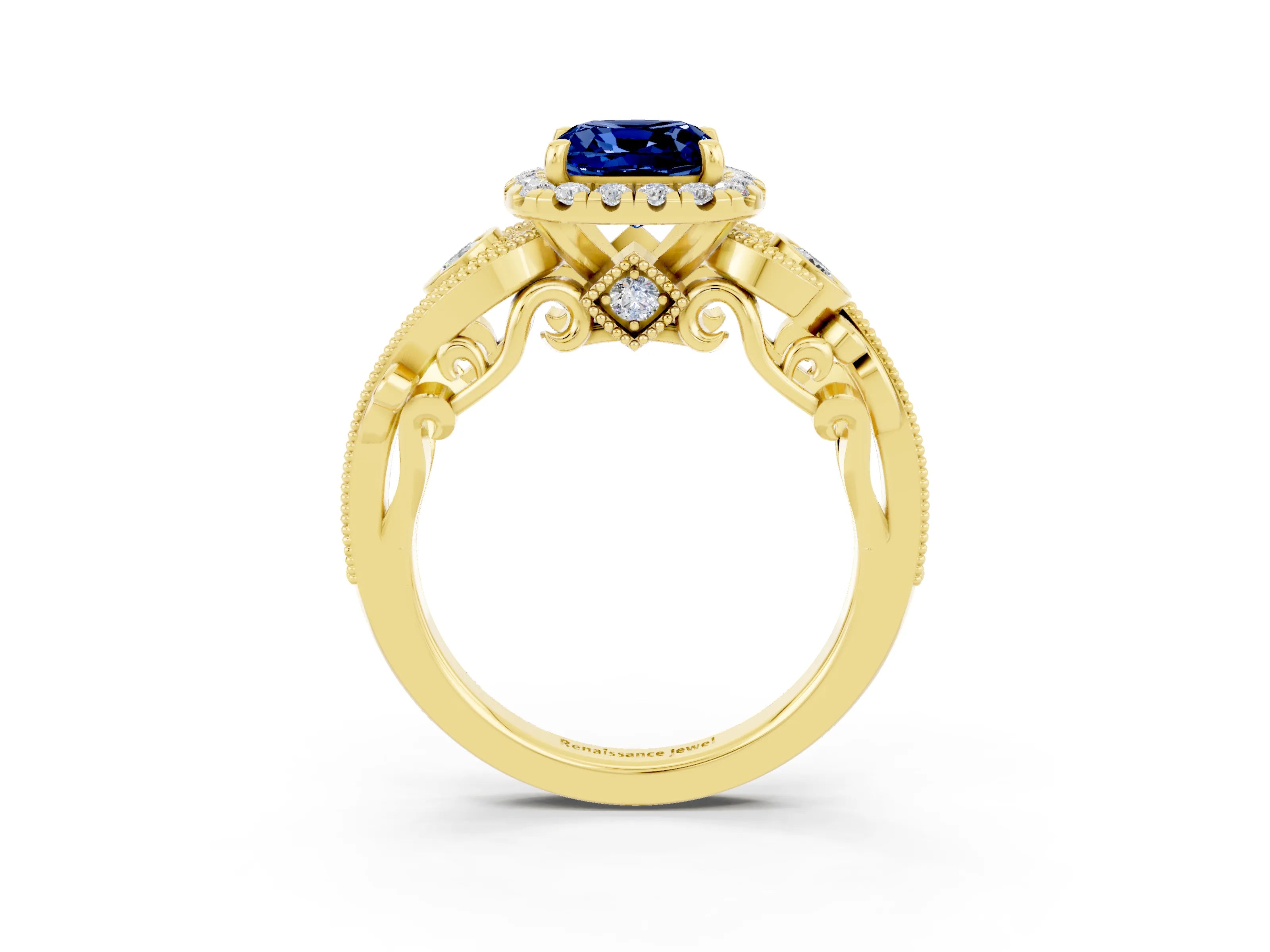 Yellow gold Cushion Cut Blue Sapphire Halo Ring with Milgrain Pavé Band and Four-Prong Setting_15
