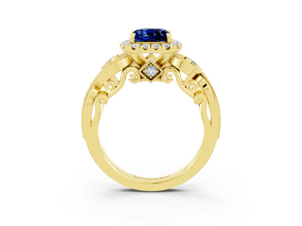 Yellow gold Cushion Cut Blue Sapphire Halo Ring with Milgrain Pavé Band and Four-Prong Setting