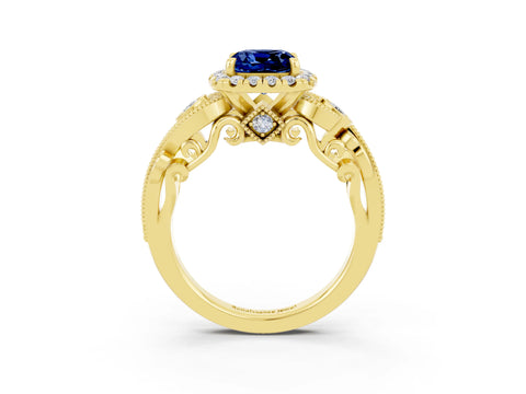 Yellow gold Cushion Cut Blue Sapphire Halo Ring with Milgrain Pavé Band and Four-Prong Setting_15