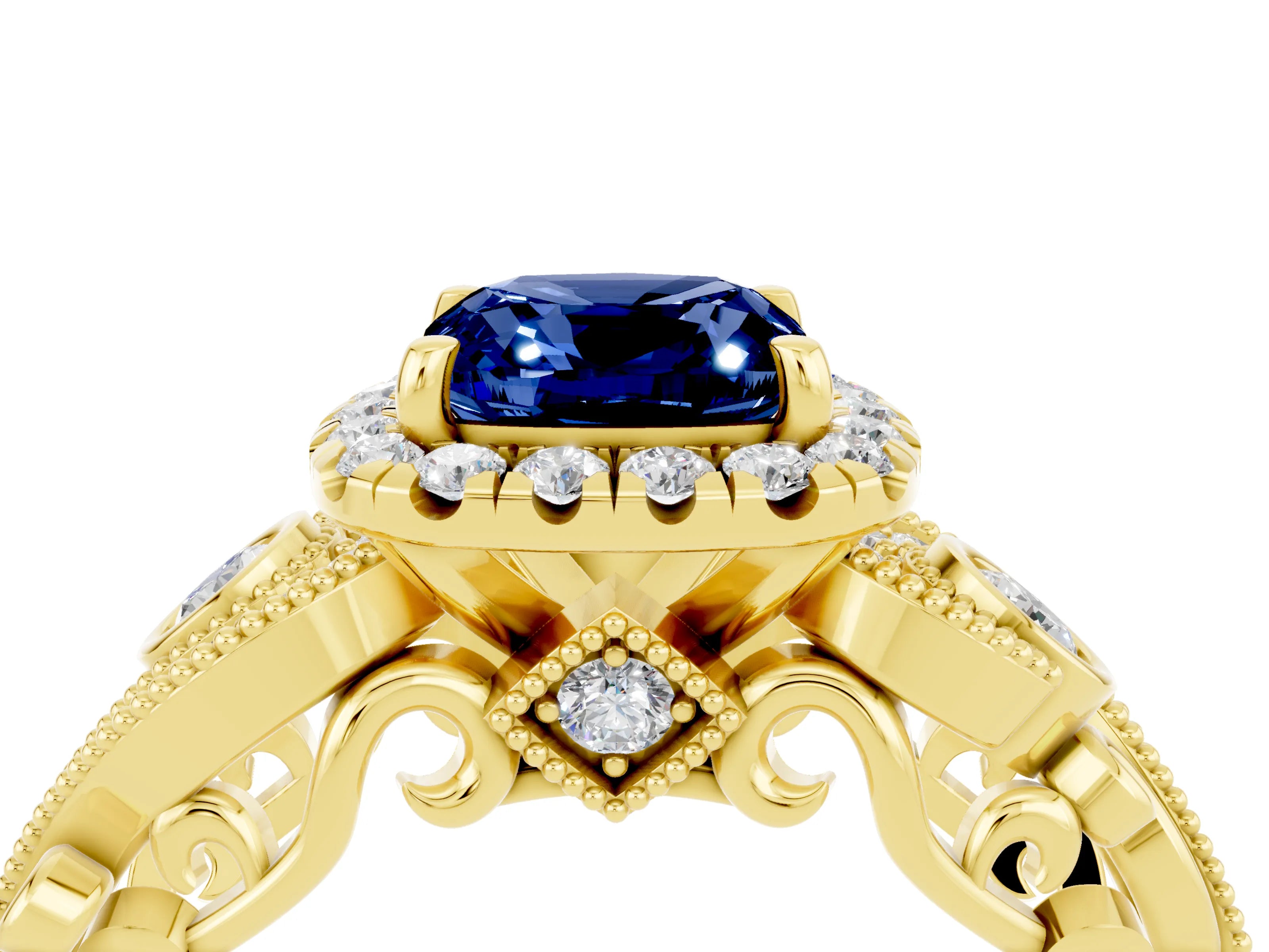 Yellow gold Cushion Cut Blue Sapphire Halo Ring with Milgrain Pavé Band and Four-Prong Setting_16