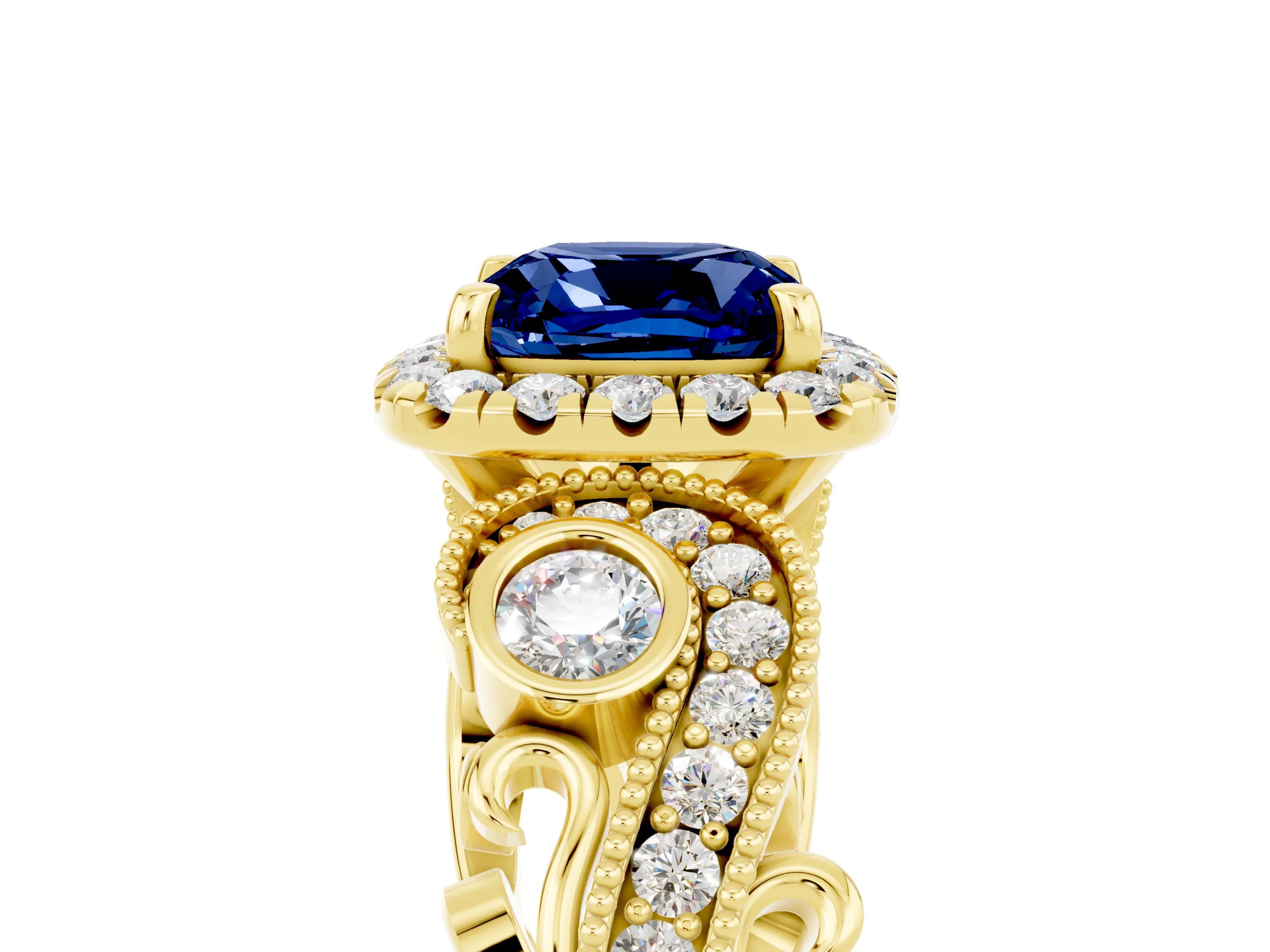 Yellow gold Cushion Cut Blue Sapphire Halo Ring with Milgrain Pavé Band and Four-Prong Setting_17