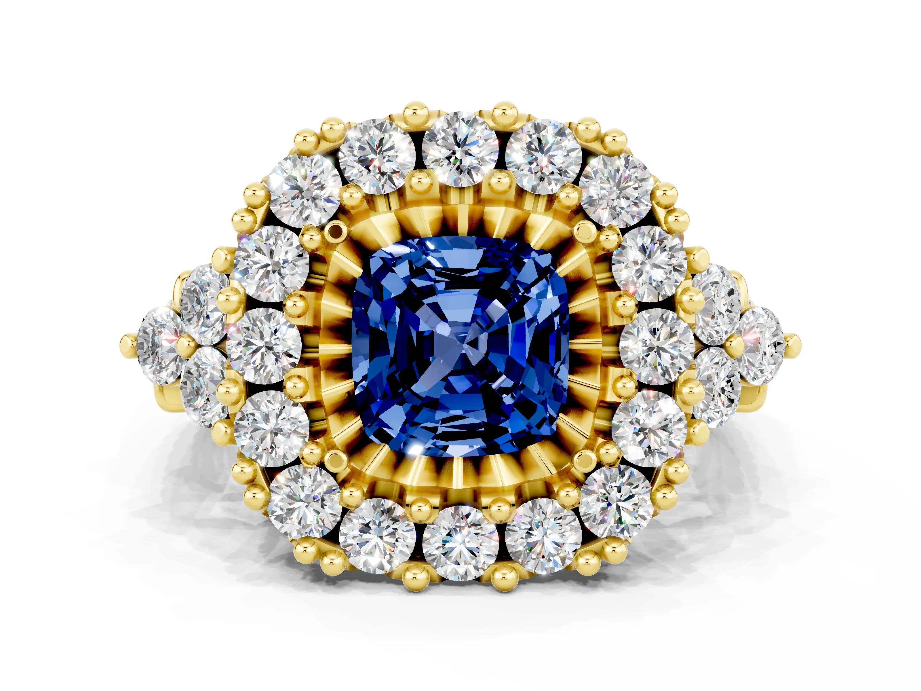 Yellow gold Cushion Cut Blue Sapphire Halo Ring with Pavé Band and Four-Prong Setting_12