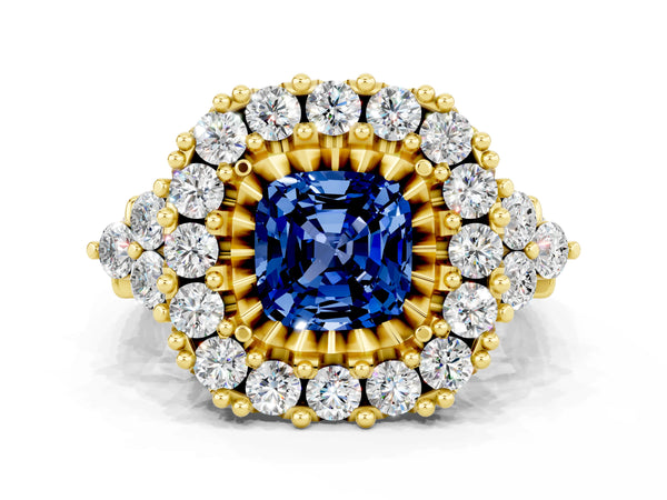 Yellow gold Cushion Cut Blue Sapphire Halo Ring with Pavé Band and Four-Prong Setting