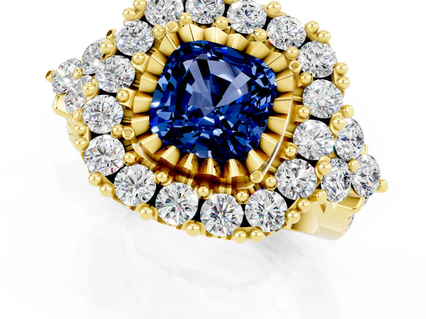 Yellow gold Cushion Cut Blue Sapphire Halo Ring with Pavé Band and Four-Prong Setting