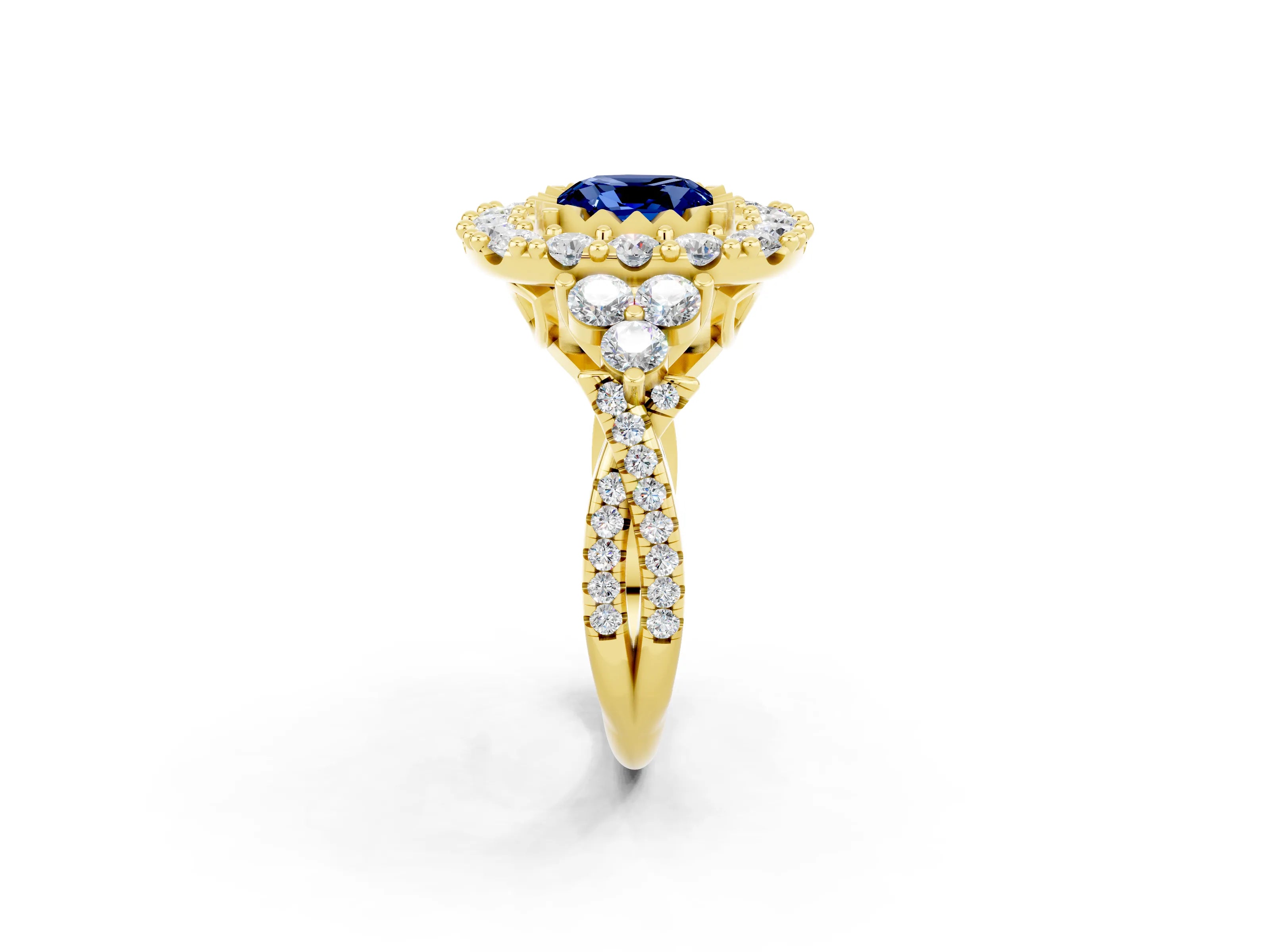 Yellow gold Cushion Cut Blue Sapphire Halo Ring with Pavé Band and Four-Prong Setting_14