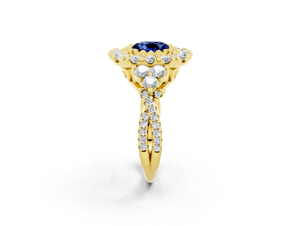 Yellow gold Cushion Cut Blue Sapphire Halo Ring with Pavé Band and Four-Prong Setting