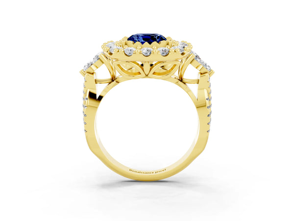 Yellow gold Cushion Cut Blue Sapphire Halo Ring with Pavé Band and Four-Prong Setting
