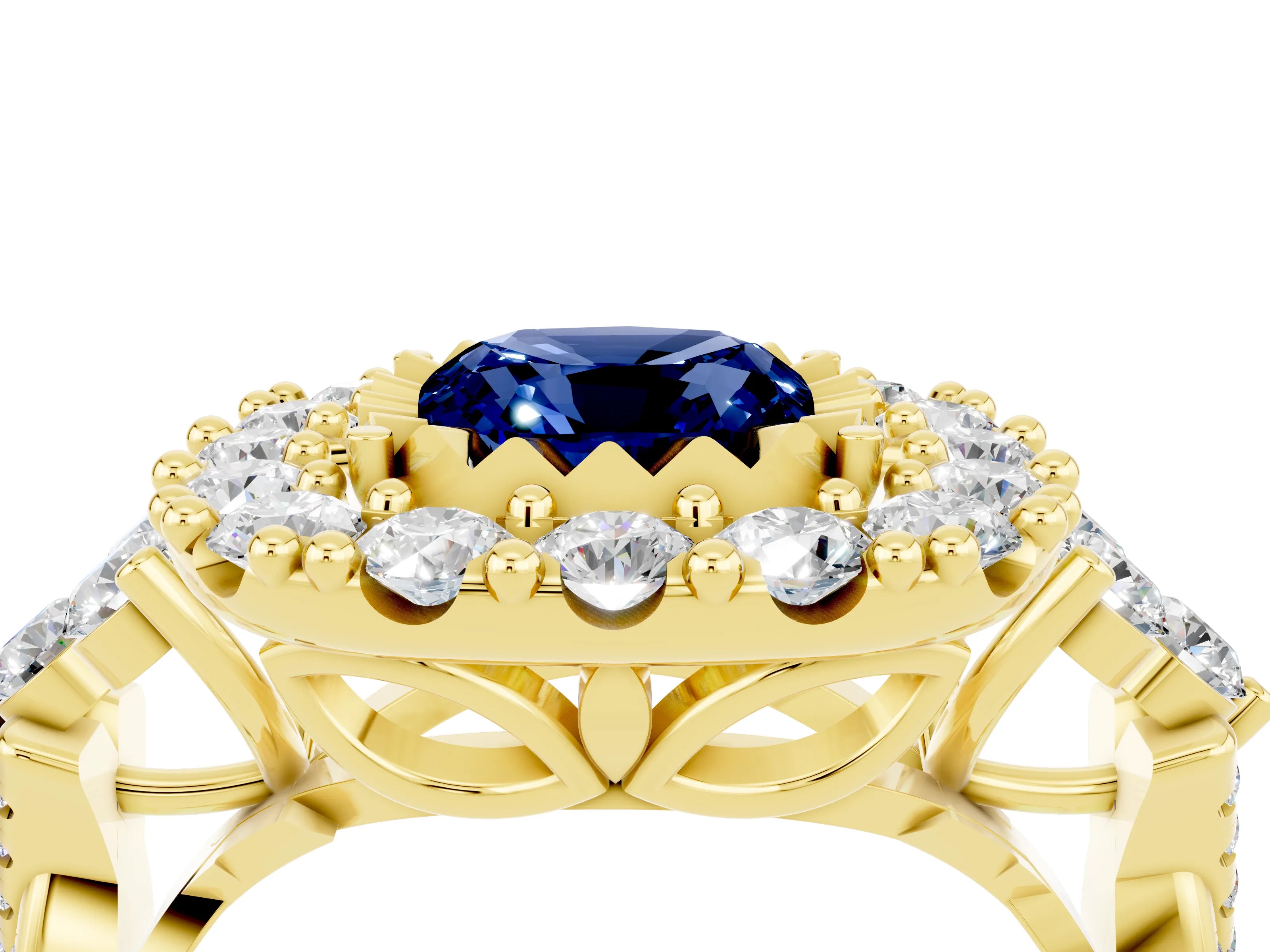 Yellow gold Cushion Cut Blue Sapphire Halo Ring with Pavé Band and Four-Prong Setting_16