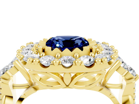 Yellow gold Cushion Cut Blue Sapphire Halo Ring with Pavé Band and Four-Prong Setting_16